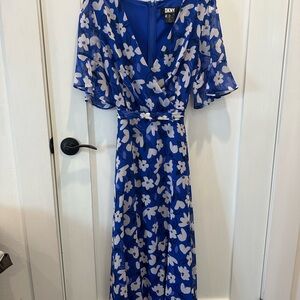 DKNY Blue and White Ruffled Wrap Midi Dress